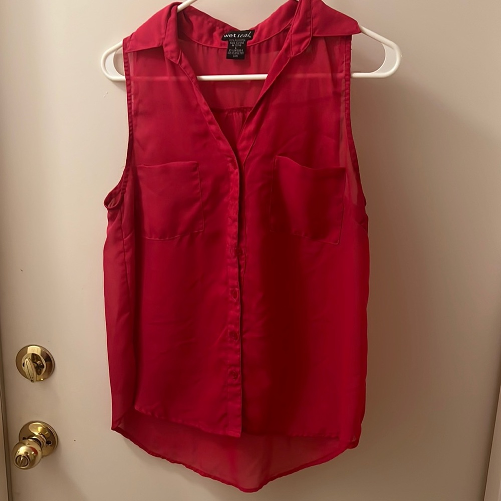 Pink sheer high low collared no sleeve top